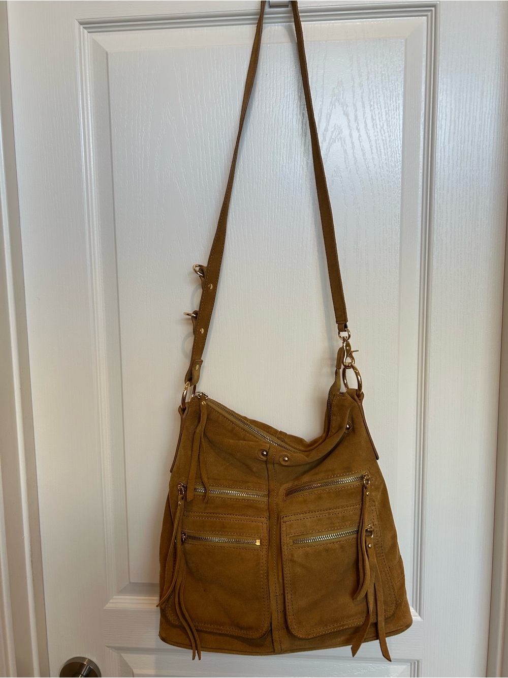 Sorial New York Tan Suede Multi-Pocket Crossbody Hobo Bag Gold Hardware Fringe